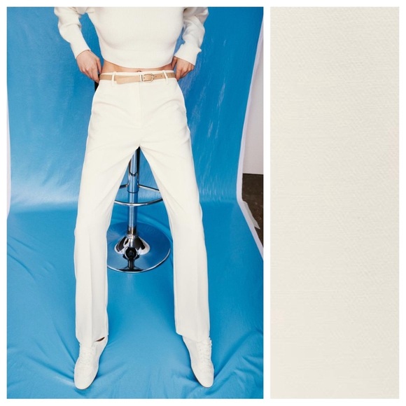 Zara Pants - NWT. Zara Ecru Viscose Blend Belted Straight Leg Pants. Size L.